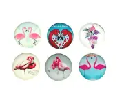 6 Flamingo Beach Altered Art 25mm Domed Round Glass Flatback Tile Cabochons