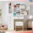 Bedroom Dressing Table Stool Set Makeup Mirror Vanity Desk Cabinet Drawers Shelf