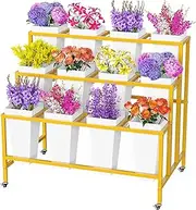Putros Flower Display Stand with 12 Buckets Gold 3 Layers Metal Plant Cart with Wheels Moving Florist Bouquet Shelf for Indoor Outdoor Patio Garden Decor