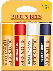 Burt's Bees 100% Natural Origin Moisturising Lip Balm Set, Best of Burt's - Original Beeswax, Strawberry, Coconut & Pear and Vanilla Bean, 4 Tubes