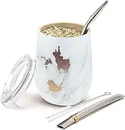 BALIBETOV Modern Mate Cup And Bombilla Set (Yerba Mate Cup) -Yerba Mate Set includes Double Walled 18/8 Stainless Steel Mate Tea Cup, Two Bombilla Mate (Straw) and a Cleaning Brush (12 oz, Gold Marble)