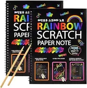 2PCS Rainbow Scratch Paper Children's Art Book Scratch Paper Notebook Black DIY Rainbow Art Paper Card Neon Scratch Book with Wood Stick