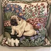 PETIT POINT Wool Needlepoint Pug Dog Pillow Garden Flowers White picket Fence