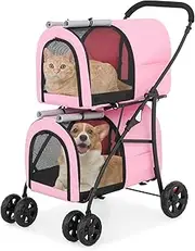 Athena Collection Double Pet Stroller with 2 Detachable Carrier Bag, Foldable Dog Strollers for Small Medium Dog Cat Strollers for 2 Cats with Safety Rope, Lockable Wheels, Pocket for Travel, Pink