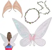 Fairy Wings Set - Sparkling Fairy Wings with Wreath Crown 2 Elf Ears,Sheer Shaped Halloween Costume for Kids, Women, Girls, Female, Children