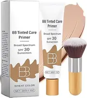 BB Tinted Moisturizer SPF 30, BB Tinted Care Primer, BB Tinted Care Primer with Brush, Full Coverage Light-Medium Skin Color Hydrating & Smoothing (WHEAT COLOR, 1PC)