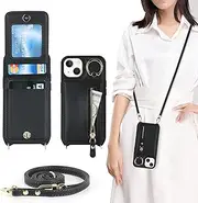 Cavor Vertical Flip Cover for iPhone 13 Mini Leather Case 5.4'' Crossbody Wallet Card Slots with 360°Rotation Ring Holder Kickstand & Long Shoulder Lanyard Strap-Black Leopard