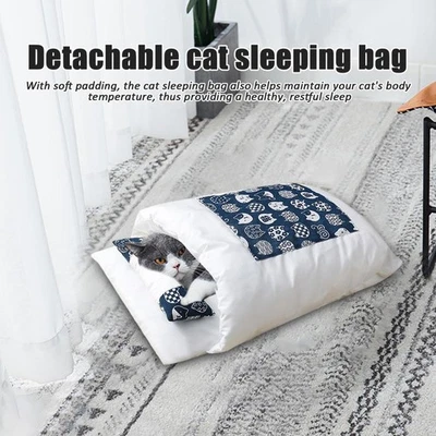 New Cat Bed Cave Sleeping Bag Self Warming Pad Pet Sack Hideaway With Pillow ^