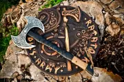 "Handcrafted Double-Headed High Carbon Steel Engraved Viking Axe – Perfect Gift