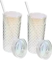 iplusmile 2Pcs Fish Scale Pattern Glass Cups with Straw and Lid Drinking Glass for Juice Milk and Lightweight Easy to Clean Beverage Containers