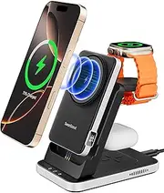 [SwanScout] Magnetic Wireless Charging Station, 3 in 1 Wireless Charger for iPhone 16/15/14/13/12, 5000mAh Power Bank Compatible with MagSafe, Fast Stand for Apple Watch/Airpods, 304M (No Adapter)