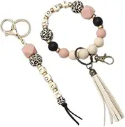 [AUSYVEUS] Silicone Beaded Bracelet Keychain with Lanyards for Keys Wood Bead Wristlet Keyrings Lanyard Bangle Wrist Key Holder with MAMA Tag Anti Lost Key Ring for Mother's Day