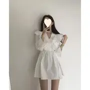 Puff-Sleeve V-Neck Plain Ruffle Mini A-Line Dress HS990 - White - S