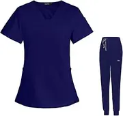 [Meichoon] Scrubs for Women Set Medical Clothing Sweet V-Neck Top with 3 Pockets Stretch Yoga Jogger Pants Sweat Wicking Lightweight DK08