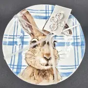 Pier 1 Set of 4 Henry Bunny Salad Plates Ironstone Blue White Plaid Cottagecore