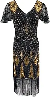[HEYDHSDC] Women Party Dresses Plus Size Sexy V-Neck Sequin Fringe Dress