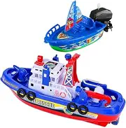 Miracland Fireboat and Sailboat Toy Set, Fire-Fighting Ship Toy Electric Fireship Water Toy Water Spray Boat Toy Marine Rescue Toy with Sound and Light+Wind-up Sailship Bath Toy (with Sailboat)