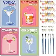 Ajepon 4 Pack Retro Cocktail Paint by Numbers Kit for Adults, DIY Vintage Easy Paint by Number with Framed Canvas, 8x12inch