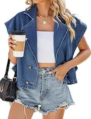 [Mywinway] Denim Vest Women 2025 Spring Summer Cap Sleeve Vintage Blazer Jacket Waistcoat Jean Outerwear Vests Tops