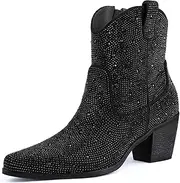 [MISSMILLER] Women’s Rhinestone Cowboy Boots Mid Calf Pointed Toe Sparkly Block Heel Cowgirl Boots with Pull On Tabs