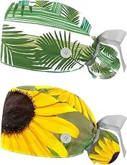 [WOSHJIUK] Working Hat 2 Pack Scrub Caps for Women,Plant Striped Green Leaves,Tie Back Cap Adjustable Scrub Hat