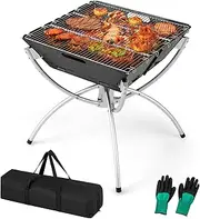 Costway Camping Campfire Grill, 3-in-1 Portable Firewood Charcoal Fire Pit w/Stainless Steel Grills, Metal Aluminum Fire pit Grill w/Carrying Bag & Gloves, Fire Pit for BBQ, Bonfire, Outdoor Cooking