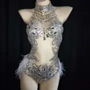 Sparkly Silver Crystals Mesh Bodysuit Women Feather Outfit Bar Stage Party Dress
