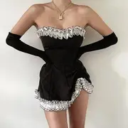 Set: Off-Shoulder Ruffle-Trim Mini Bodycon Dress + Plain Gloves Black - L