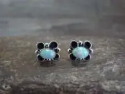 Zuni Indian Sterling Silver & White Opal Stud Earrings by Kanesta