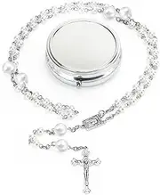 [Tasodin] Rosary Beads Catholic for Women, White Artificial Pearls Rosary, First Communion Gifts, Rosary Bead Wall Cross Y Necklace with Box, 6mm*10mm, Metal, No Gemstone