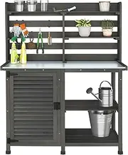 GDLF Potting Bench Table Large Garden Outdoor Work Bench Metal Tabletop Workstation with Storage Cabinet Shelf Dark Grey