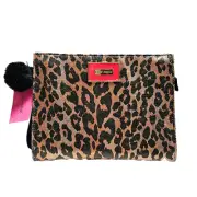 Betsey Johnson Cheetah Print Train Cosmetic Case Bag Keychain Pompom 8x10x2.5