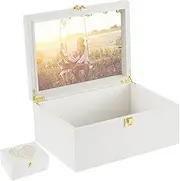 Larger Wooden Memory Keepsake Boxes With Hinged Lids and a photo frame inside the lid - Decorative Storage Box With a Hinge Lids For Picture Letter Time Capsule - 5.3“*8.6”*11.7“ off-white
