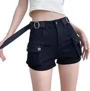 [Generic] Women's High Waist Cargo Denim Shorts Summer Streetwear Sexy Stretch Big Pockets Mini Jeans Shorts