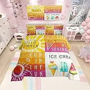 Manfei Hello Summer Comforter Set Full Size,Sweet Watermelon Ice Cream Dessert Hawaii Sunshine Bedding Set 3 Pcs for Teens Young,Watercolor Stripes Grids Patchwork Comforter,2 Pillowcases