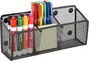 Magnetic Pencil Holder - Extra Strong Magnets Mesh Marker Holder Perfect for Whiteboard, Refrigerator and Locker Accessories (3 Baskets, 1 Pack Black)