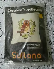 70's Sultana Wise One Owl 13" Decorative Pillow Kit Wool Crewel Yarn Fabric USA