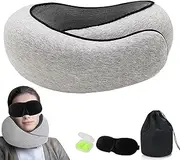 [QIANQIAO] Travel Neck Pillow-Memory Foam Neck Pillow，Breathable Cover & Head Support Relieve Fatigue，Travel Set with 3D Eye Mask, Earplugs, for Airplanes,Cars, Office,Pillow with Washable Cover (Light Gray)