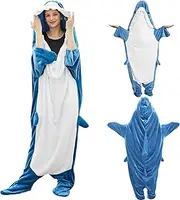 [Bcareself] Shark Blanket Adult Kid Hoodie Onesie, Wearable Shark Blanket, Soft Cozy Flannel Shark Sleeping Bag