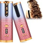 Automatic Curling Iron, Cordless Hair Curler, Wireless Rotating Hair Curler with 6 Temp & Timer LCD Display USB Rechargeable, Fast Heating & Auto Shut Off (Pink)