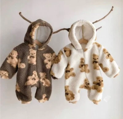 Soft fluffy pram suit all in one bear outfit baby boy girl unisex teddy bear