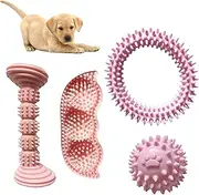 DogieLyn Interactive 2-8 Months Puppy Teething Chew Toys, Puppies Biting Toy, Doggy Teeth Cleaning Rubber Toothbrush for Small Dogs Teddy,Crogi,Schnauzer, 4 pcs (Pink)