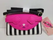 Betsey Johnson Cat Purse Peek A Poo Pink Crossbody Kitsch Black White Stripes