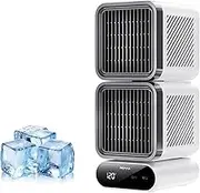 Double-Layer Shaking Ice Desktop Fan,Portable Dual Heads 360° Rotating Rechargeable Table Fan, 4000mAh Battery USB Fans, 120° Auto Oscillating,Intelligent Digital Display (White,1pcs)