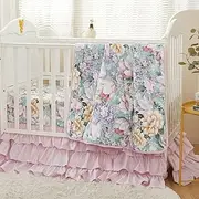 Brandream Crib Bedding Set for Girls Garden Floral Nursery Set 5-Piece 100% Cotton Quilt Baby Comforter, Crib Sheet and Triple Layer Crib Bed Skirt, Window Valance, Diaper Stacker, Purple