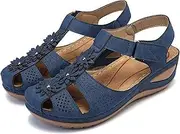 [Shhyy] Women's Wedge Sandals Summer Bohemia Casual Outdoor Walking Shoes Comfortable Ankle Strap Open Toe Flat Beach Sandals,Blue,35EU