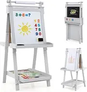HONEY JOY Foldable Easel for Kids, 3-in-1 Double-sided Art Easel with Chalkboard & Whiteboard, Replaceable Paper Roll & 3 Paint Cups, Storage Trays, Creative Art Center for 3+ Years Old Children (Grey)