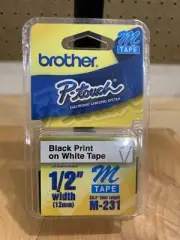 Brother M231 P-touch Label Tape 1/2" Black Print on White Tape BRAND NEW SEALED