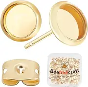 Beebeecraft 1 Box of 50 Pieces Earring Studs Accessories, 18K Gold Plated Blanks, Round Cabochon Earring Settings, Tray Setting with 6mm Tray and 50 Pieces Earring Backs for The