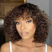 Short Bob Cut Human Hair Wig With Bangs Curly Non Lace Front Wig Highlight Honey Blonde Wig For Women